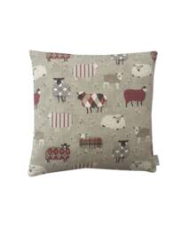 Handmade Double Sided Sheep Pillow Cover Red & Cream Lambs On Beige Linen - thumbnail 1