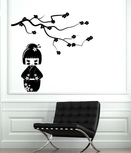 Wall Vinyl Decal Japanese Geisha Kokeshi Doll Under Branch Sakura Living Room Decor - #2608Dn - image 1