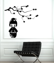 Wall Vinyl Decal Japanese Geisha Kokeshi Doll Under Branch Sakura Living Room Decor - #2608Dn - thumbnail 1