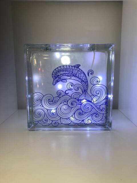 Large Dolphin Glass Light Block, Night Light, Dolphin Gift, Up Bathroom Decor - image 1