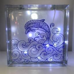 Large Dolphin Glass Light Block, Night Light, Dolphin Gift, Up Bathroom Decor - thumbnail 3