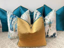 A Luxury Set Of 6 Peacock Teal Gold Cushions Pillows Covers For Bed, Sofa & Chairs - The Couture Cushion