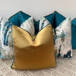 A Luxury Set Of 6 Peacock Teal Gold Cushions Pillows Covers For Bed, Sofa & Chairs - The Couture Cushion - thumbnail 3