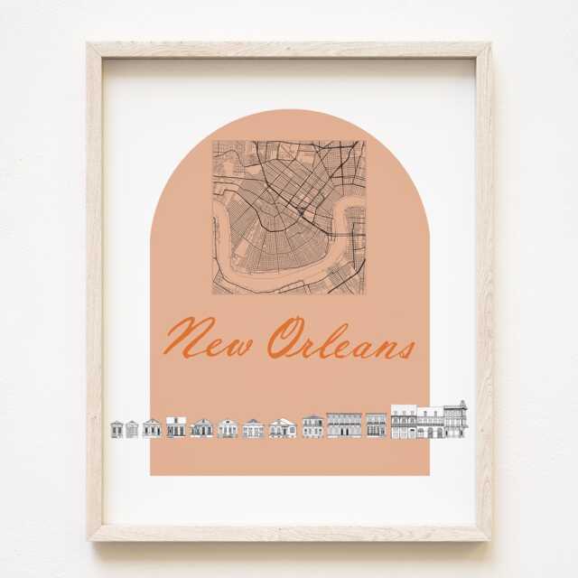 New Orleans Streetscape + Map Drawing Houses Louisiana City Plan - Art Print Wedding Moving Gift Souvenir Local Decor Travel Wall Nola - image 1