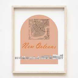 New Orleans Streetscape + Map Drawing Houses Louisiana City Plan - Art Print Wedding Moving Gift Souvenir Local Decor Travel Wall Nola - thumbnail 1
