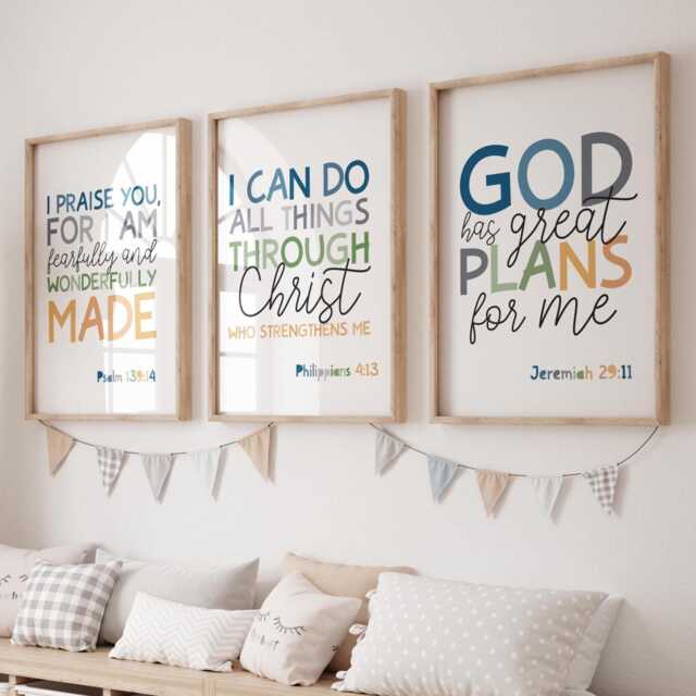 Set Of 3 Bible Verse Prints, Christian Wall Art, Boys Nursery Decor, Bedroom Kids Room, Scripture Prints - image 1