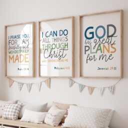 Set Of 3 Bible Verse Prints, Christian Wall Art, Boys Nursery Decor, Bedroom Kids Room, Scripture Prints - thumbnail 1