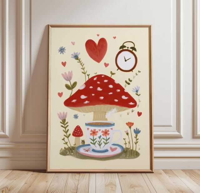 Mushroom Tea Party Poster, Whimsical Floral Wall Art, Cottage Print - image 1