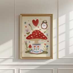 Mushroom Tea Party Poster, Whimsical Floral Wall Art, Cottage Print - thumbnail 2