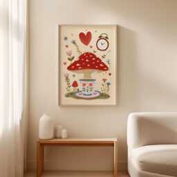 Mushroom Tea Party Poster, Whimsical Floral Wall Art, Cottage Print - thumbnail 3