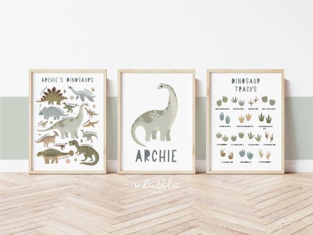 Set Of 3 Personalised Dinosaur Name Prints in Blue, Chart Print, Bedroom Decor, Playroom - image 1