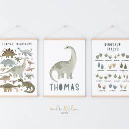 Set Of 3 Personalised Dinosaur Name Prints in Blue, Chart Print, Bedroom Decor, Playroom - thumbnail 3