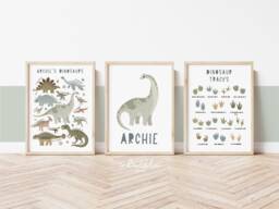 Set Of 3 Personalised Dinosaur Name Prints in Blue, Chart Print, Bedroom Decor, Playroom - thumbnail 1