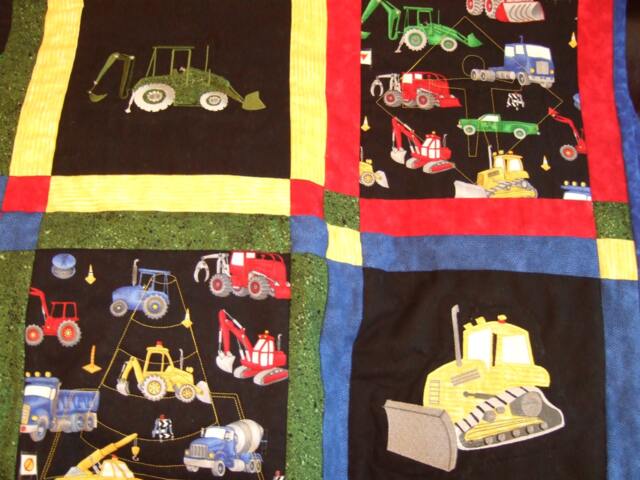 Embroidered Construction Truck Twin Quilt, Primary Colors Patchwork Bedding - image 1