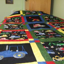 Embroidered Construction Truck Twin Quilt, Primary Colors Patchwork Bedding - thumbnail 3