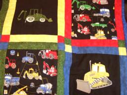 Embroidered Construction Truck Twin Quilt, Primary Colors Patchwork Bedding - thumbnail 1