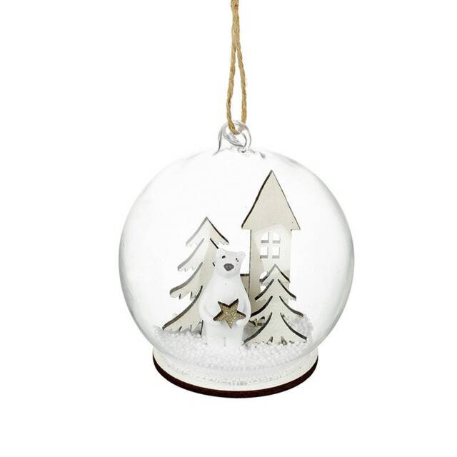 Polar Bear With Gold Star Glass Christmas Tree Bauble - Winter Wonderland Festive Nature Nordic White Forest Snow Gift Family