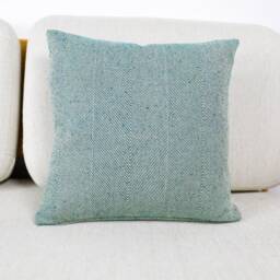 Eco Recycled Yarn Teal Herringbone Wool Cushion Covers, 100% Natural Fiber Wool, Cotton & Linen Mix Throw Pillows - thumbnail 3