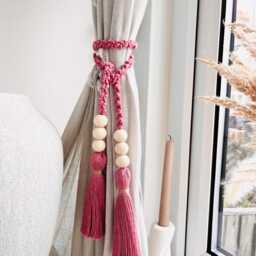 Terracotta Macram?? Curtain Tie Backs - Braided Rope Holdbacks Boho Home D??cor Rustic Window Treatment Farmhouse Wood Beads -16 Colours - thumbnail 4