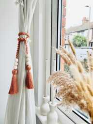 Terracotta Macram?? Curtain Tie Backs - Braided Rope Holdbacks Boho Home D??cor Rustic Window Treatment Farmhouse Wood Beads -16 Colours - thumbnail 1