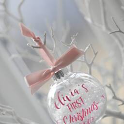 Personalised Baby's First Christmas Bauble, Rose Gold Snow Filled Ornament - thumbnail 2