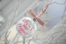 Personalised Baby's First Christmas Bauble, Rose Gold Snow Filled Ornament