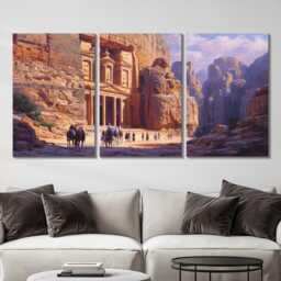 Petra Treasury 3 Panel Split Canvas Wall Art Ancient Rose-Red Rock Jordan Desert Landscape Oil Painting Framed Home Decor - thumbnail 2
