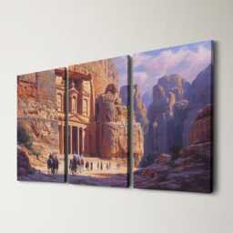 Petra Treasury 3 Panel Split Canvas Wall Art Ancient Rose-Red Rock Jordan Desert Landscape Oil Painting Framed Home Decor