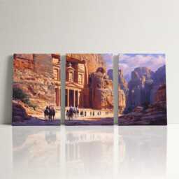 Petra Treasury 3 Panel Split Canvas Wall Art Ancient Rose-Red Rock Jordan Desert Landscape Oil Painting Framed Home Decor - thumbnail 3