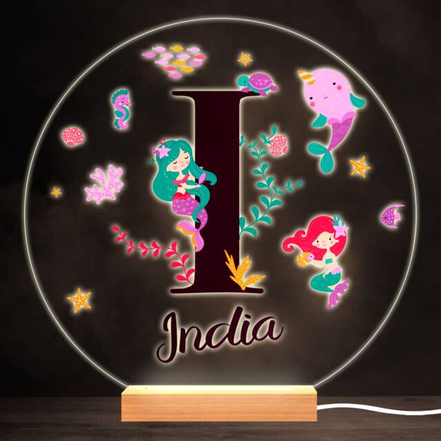 Sealife With Mermaids Alphabet Letter I Round Personalised Gift Lamp Night Light - Bedroom - image 1
