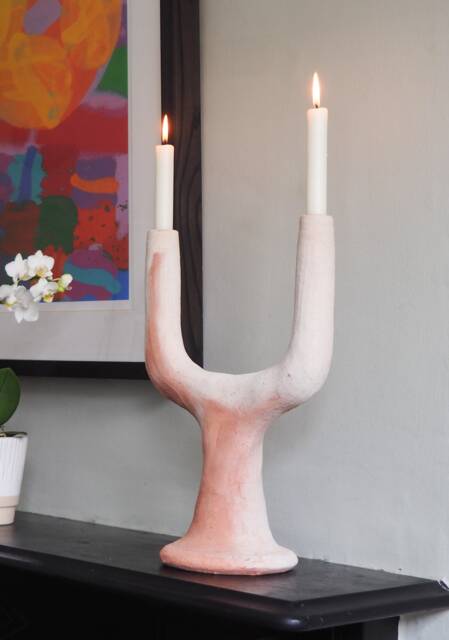 Mid-Season Sale Moroccan Unglazed Tamegroute Small White Ecru Abstract Twin Arc Candlestick Holder, Ceramic Pottery - image 1