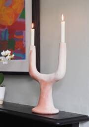 Mid-Season Sale Moroccan Unglazed Tamegroute Small White Ecru Abstract Twin Arc Candlestick Holder, Ceramic Pottery - thumbnail 1