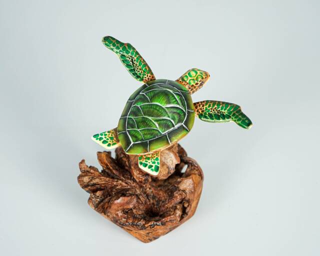 Green Turtle Sculpture, Sea Turtle, Wood Carving, Nautical, Artwork, Unique Animal, Hand-Painted Figurine, Fall Decoration, Gift For Sister - image 1