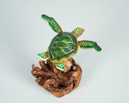 Green Turtle Sculpture, Sea Turtle, Wood Carving, Nautical, Artwork, Unique Animal, Hand-Painted Figurine, Fall Decoration, Gift For Sister - thumbnail 1