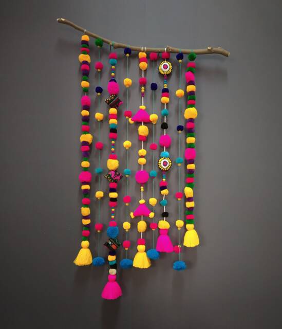 Handmade Multicoloured Pompom Wall Hanging, Bohemian Decor - image 1