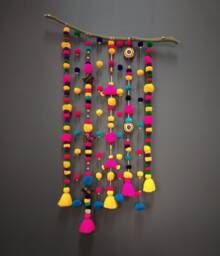 Handmade Multicoloured Pompom Wall Hanging, Bohemian Decor - thumbnail 1
