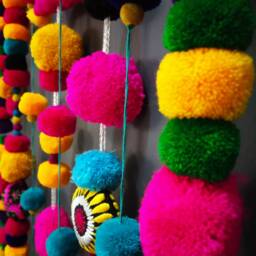 Handmade Multicoloured Pompom Wall Hanging, Bohemian Decor - thumbnail 3