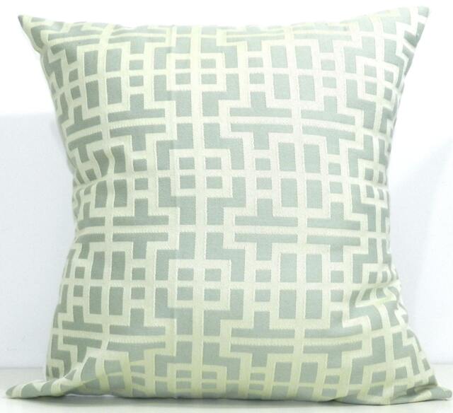 New 18x18 Inch Designer Handmade Pillow Case in Pale Blue & Cream Greek Key
