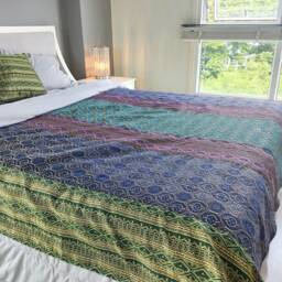 Blue Green Purple Wall Tapestry, Hippie Hanging, Aqua Tones Home Decor, Altar Decoration, Handmade Patchwork Art - thumbnail 4
