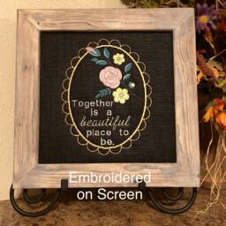 Pink Blush Flowers, Together Is Beautiful, Embroidered Screen Wall Art Decor, Handmade Barn Wood Frames, Pink Green Vine, House Warming Gift - thumbnail 3