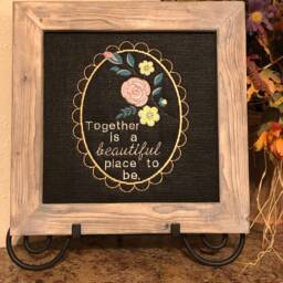 Pink Blush Flowers, Together Is Beautiful, Embroidered Screen Wall Art Decor, Handmade Barn Wood Frames, Pink Green Vine, House Warming Gift - thumbnail 4