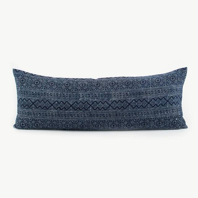 Hmong Batik Lumbar Pillow - Hill Tribe Indigo, Rustic Ethnic Cushion - image 1