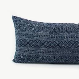 Hmong Batik Lumbar Pillow - Hill Tribe Indigo, Rustic Ethnic Cushion - thumbnail 2
