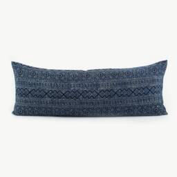 Hmong Batik Lumbar Pillow - Hill Tribe Indigo, Rustic Ethnic Cushion - thumbnail 1