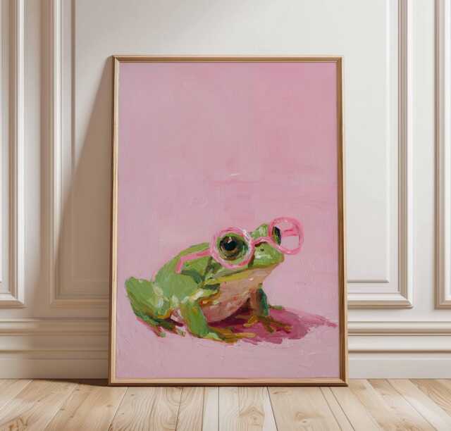 Cool Frog Art Print With Pink Glasses, Funny Amphibian Poster, Whimsical Painting Wall in Playful Brushstroke Style - image 1