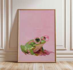 Cool Frog Art Print With Pink Glasses, Funny Amphibian Poster, Whimsical Painting Wall in Playful Brushstroke Style