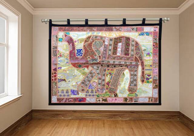 Elephant Tapestry Vintage Patchwork, Beaded Bohemian Wall Hanging - 80x100 Inches - image 1