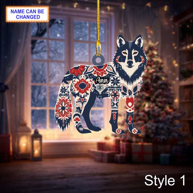 Custom Name Scandinavian Gray Wolf Personalized Ornament, Christmas Tree Hanging Decor, 2D Flat Acrylic Ornament Holiday Gift - image 1