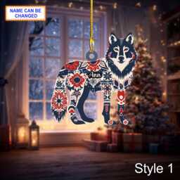 Custom Name Scandinavian Gray Wolf Personalized Ornament, Christmas Tree Hanging Decor, 2D Flat Acrylic Ornament Holiday Gift