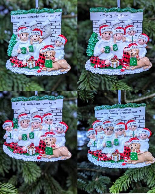 Personalised Family Of 3 4 5 6 With Sandy Dog Golden Retriever Labrador Puppy Fireplace Christmas Tree Decoration First 1st Xmas 2024 Bauble - image 1